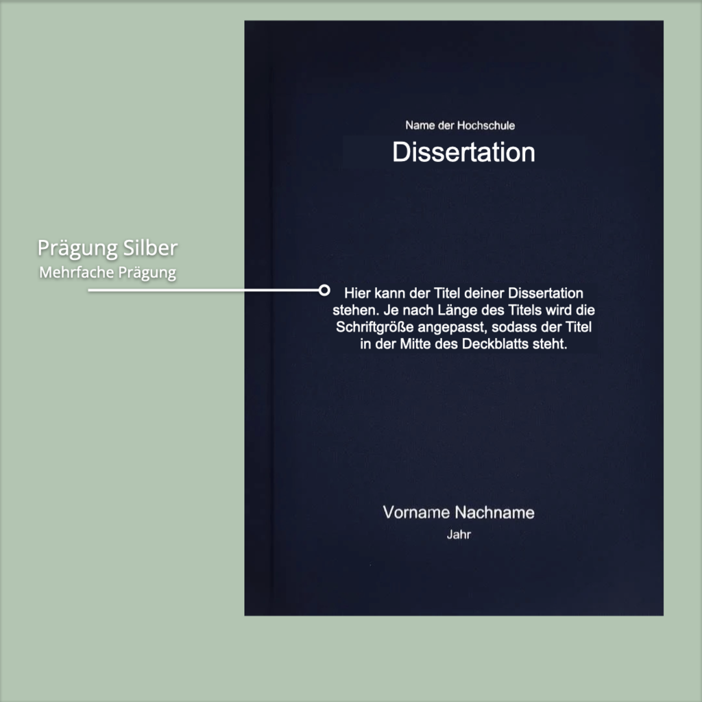 Darstellung einer Dissertation in einer Hardcover Bindung mit einer Prägung auf der Vorderseite in der Farbe silber.